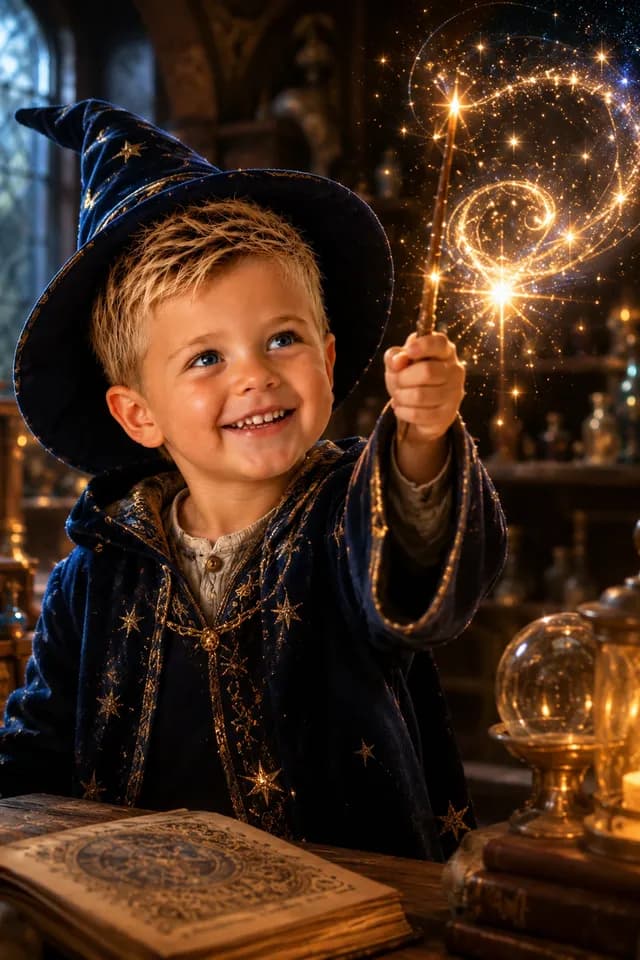 Musterdesign Fantasy: Kind im Zauberergewand mit leuchtendem Zauberstab in einer Werkstatt