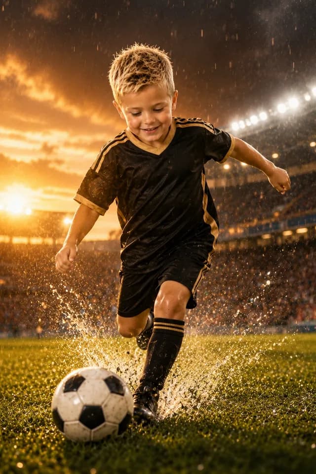 Musterdesign Fußball: Kind im schwarz-goldenen Trikot beim Torschuss im Flutlicht-Stadion
