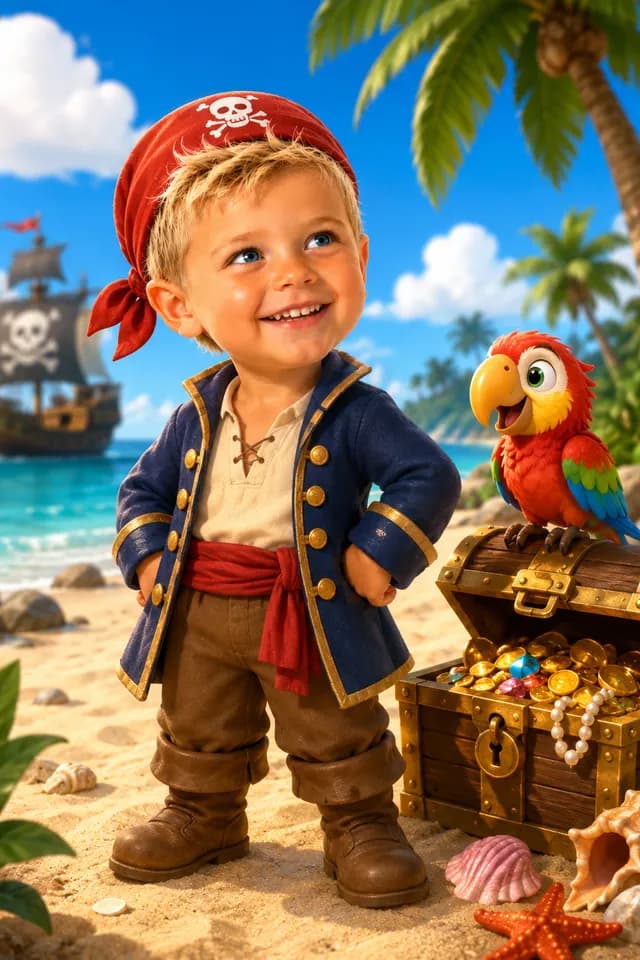 Musterdesign Piraten: Kind im Piratenkostüm am Strand mit Schatztruhe, Papagei und Segelschiff